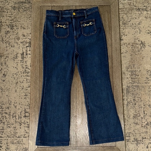 Ann Taylor High Rise Horsebit Pocket Flare Jeans in Bright - Picture 1 of 12
